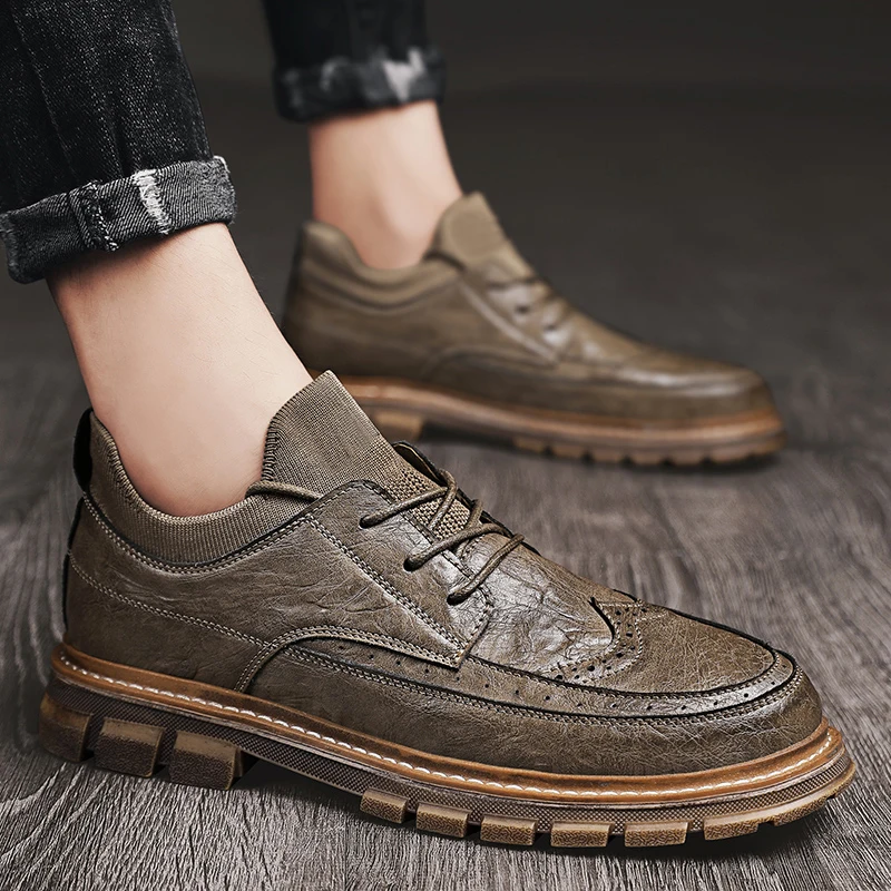 

Men's Leather shoes Men ankle boots Waterproof Rubber Boots lace up fashion Leisure motorcycle Boots England Retro Shoes Men