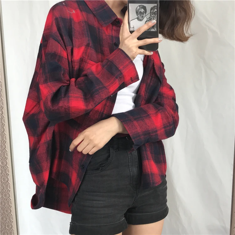 8403 red Женские рубашки, классические, Ретро стиль, элегантные, с отложным воротником, с карманами, в клетку, женская рубашка с длинным рукавом, для отдыха, свободный, корейский стиль, для девушек - Цвет: 8403 red