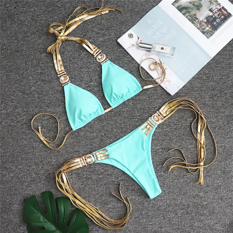 In-X Crystal bikini Sexy halter swimsuit female Solid string bikini set High cut swimwear women Shiny bathing suit Bathers - Цвет: 1853-5