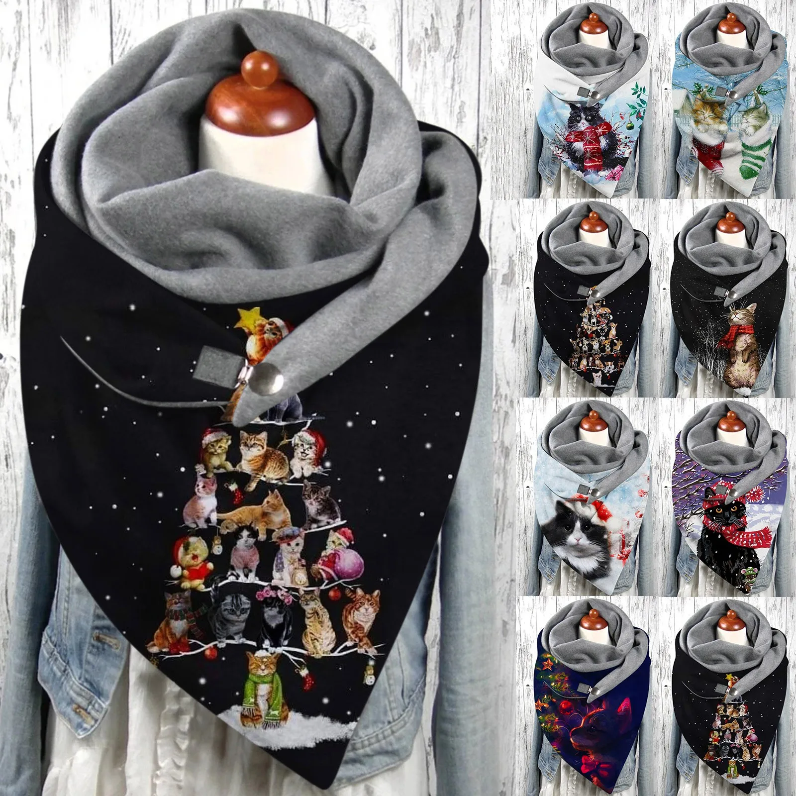

Autumn Winter Womens Scarves Ladies Casual Cat Printed Scarf Double-Layer Buckle Comfortable Soft Shawls Bufanda Mujer A40
