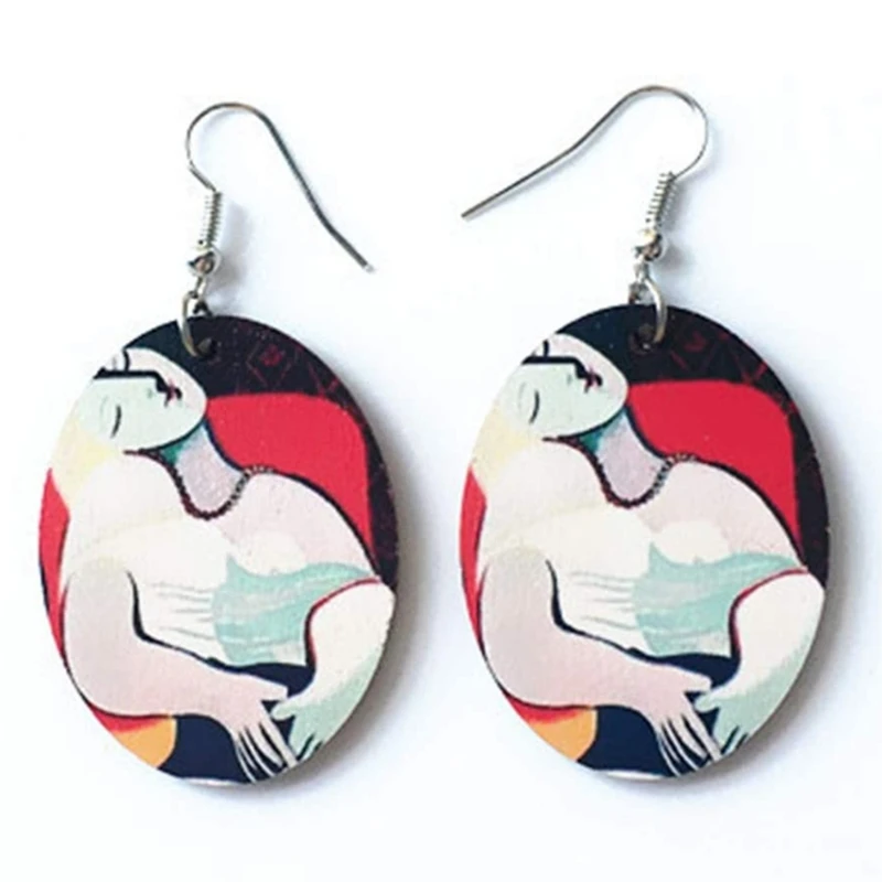 Одна пара творческих винтажных сережек с масляной живописью в минималистичном карикатурном дизайне для женских ушей в виде крючков-подвесок ювелирных изделий в подарок.