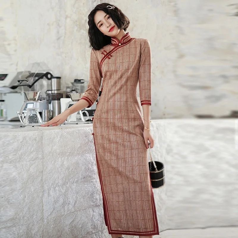 Китайский национальный Ципао платья в клетку пикантное платье средней длины
