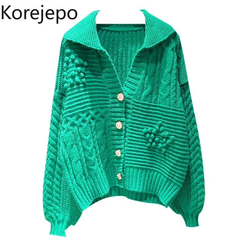 

Korejepo Women Handmade Wool Ball Sweet Thick Wool Cardigan 2021 Autumn Winter New Turn-down Collar Jacket Long-sleeved Sweater