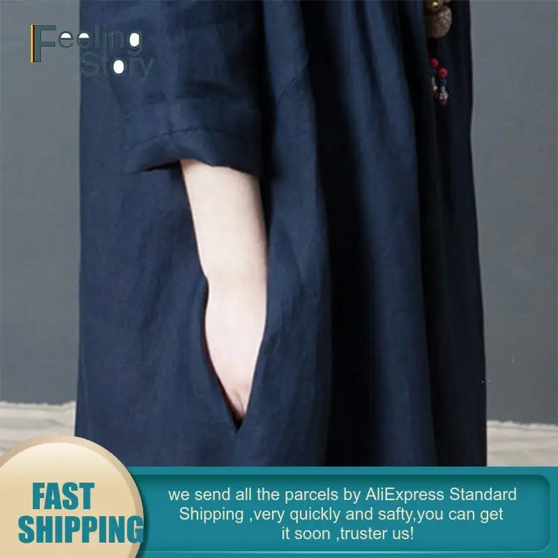 Женское платье кафтан хлопковое и льняное с длинным рукавом простые