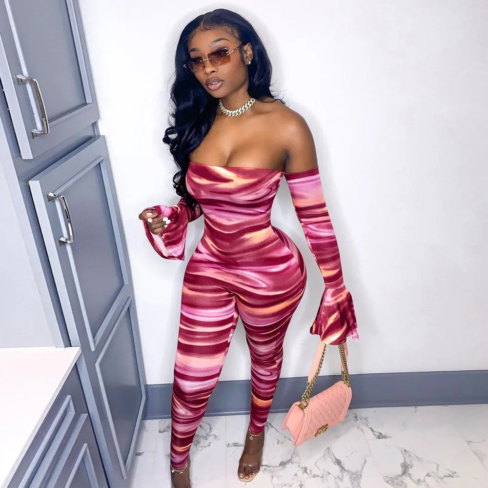 

Fashion Women's Clothing Personality Tie Dye Sexy Tube Top One Shoulder Ruffled Long Sleeved Temperament High Street Jumpsuit