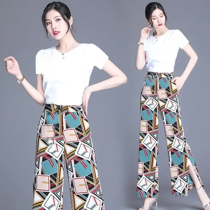 

Fashion Suit Cotton T-shirt + Chiffon Pants Printed Wide-leg Pants Loose Women Summer New Straight-leg Pants