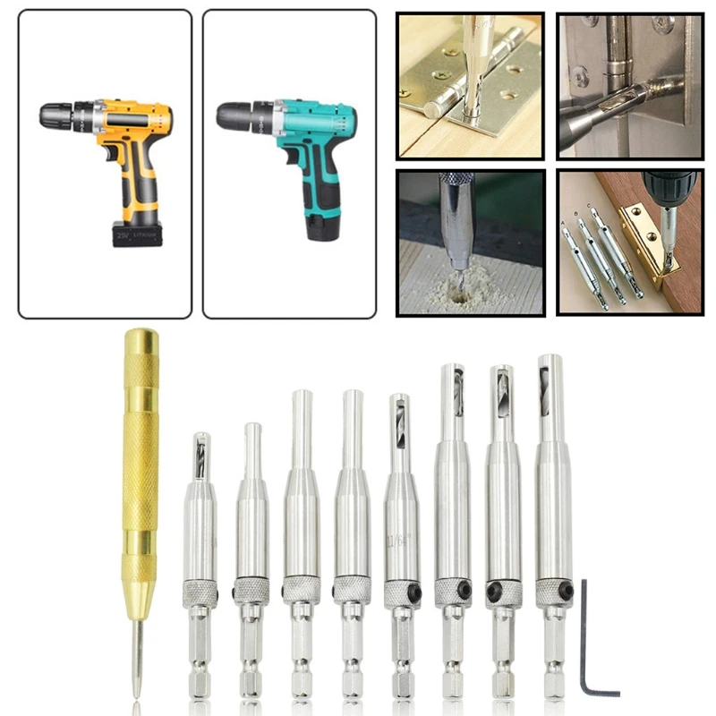 

Positioning Center Punch Hinge Set Twist Drill Bits Square Auger Mortising Chisel Drill Set Square Hole Woodworking Dril