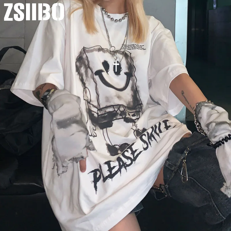 Корейская футболка в стиле хип хоп с изображением Губки Боба женская Харадзюку