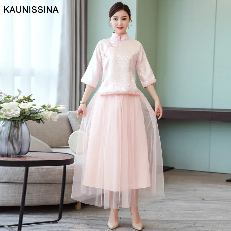 KAUNISSINA Wedding Bridesmaid Dress Elegant Qipao Traditional Chinese Women Mandarin Collar Vestido Two Piece Dresses | Свадьбы и
