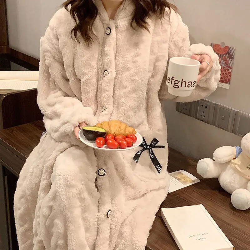 Pajama Women Autumn and Winter Coral Velvet Lovely Plush Thickened Plush Lengthened Pajama Gown Loose Home Suit Pajama Set