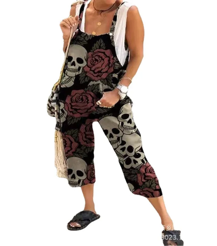 

Vintage Graffiti Skull Print Jumpsuit Bodysuit Sexy Off Shoulder Sleeveless Straps Romper Women Lady Elegant Pocket Overalls