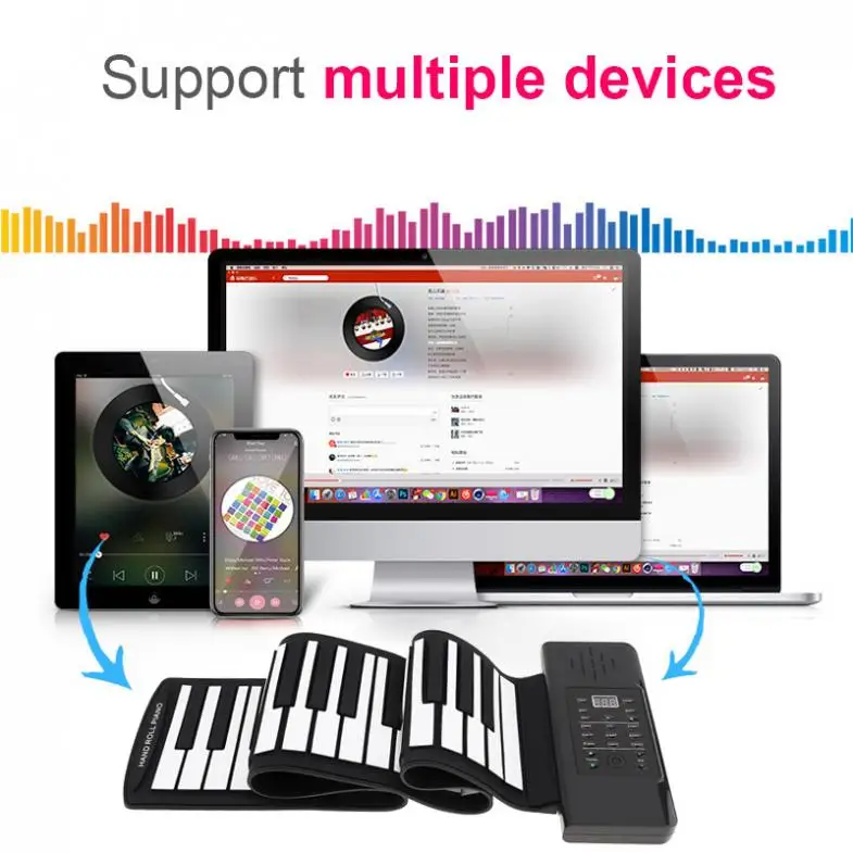 

61 Keys MIDI Roll Up Piano Electronic Rechargeable Portable Silicone Flexible Keyboard Organ Built-in Speakers