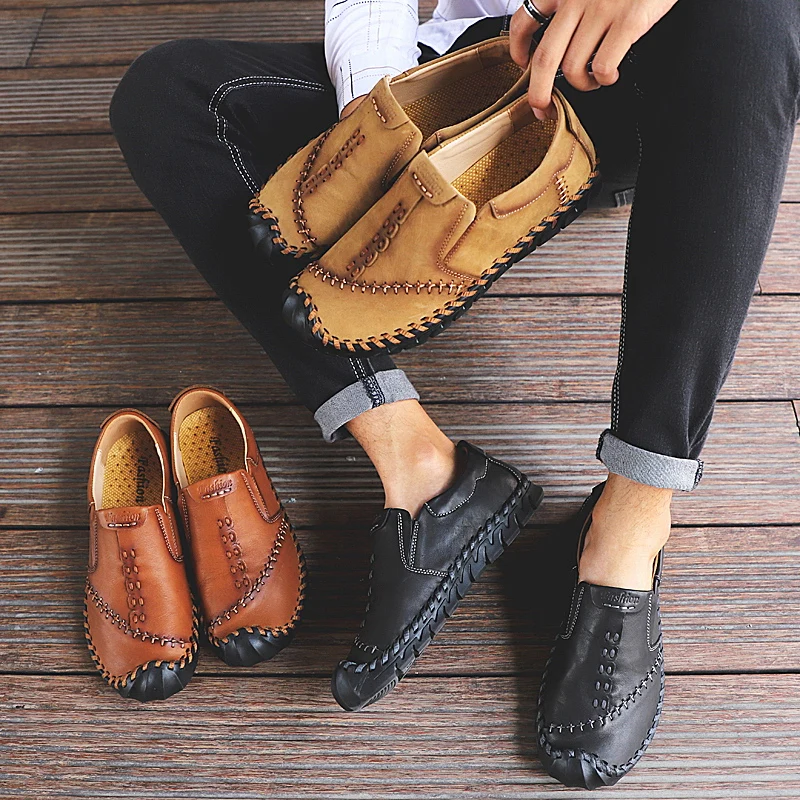 Мокасины мужские из натуральной кожи туфли с круглым носком лоферы повседневная