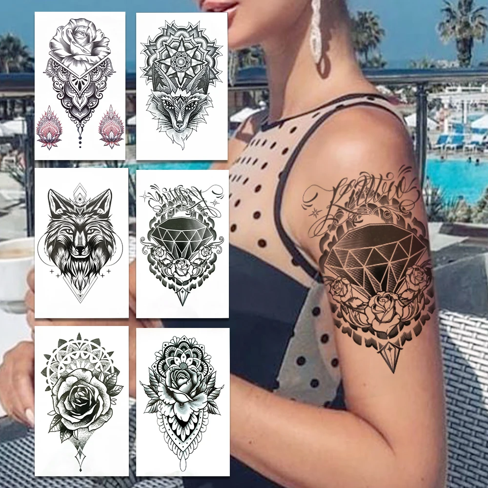 

Diamond Fake Jewelry Temporary Tattoos For Womne Men Black Lotus Lace Tattoo Mandala Henna Lion Rose Flower Pendants Tatoo Chest