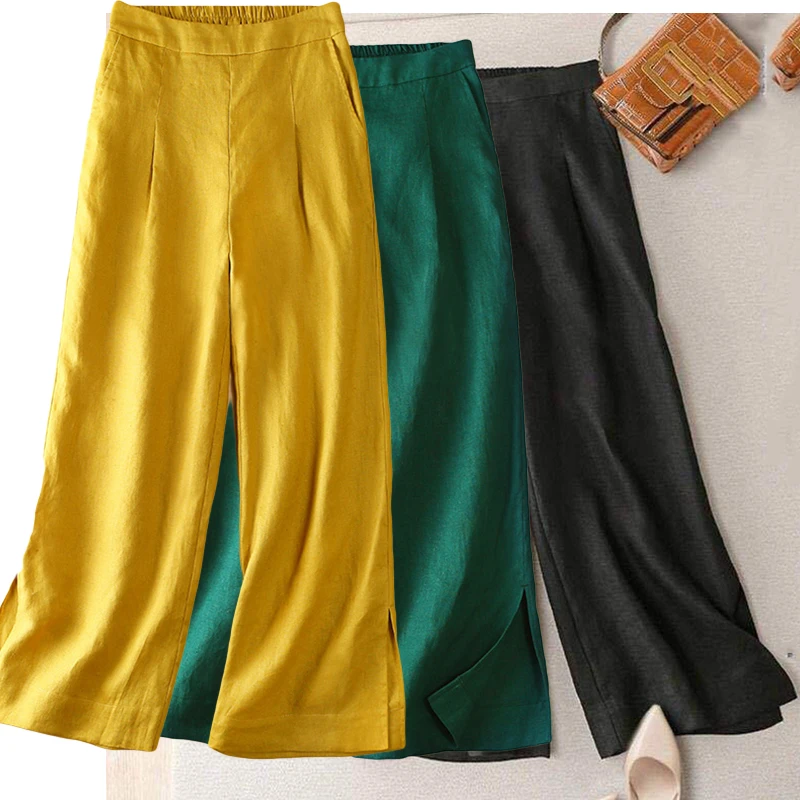

Summer Fashion Streetwear Linen Wide Leg Pants Women Casual Side Slit Loose Trousers Vintage High Waist Soft Straight Pants