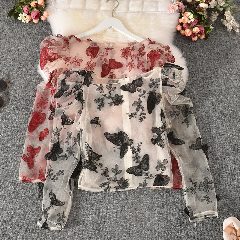 

2021 Sexy Sheer Mesh Blouses Short Perspective Top New For Woman Pattern Lace Long Puff Sleeve Butterfly Embroidered Clothing
