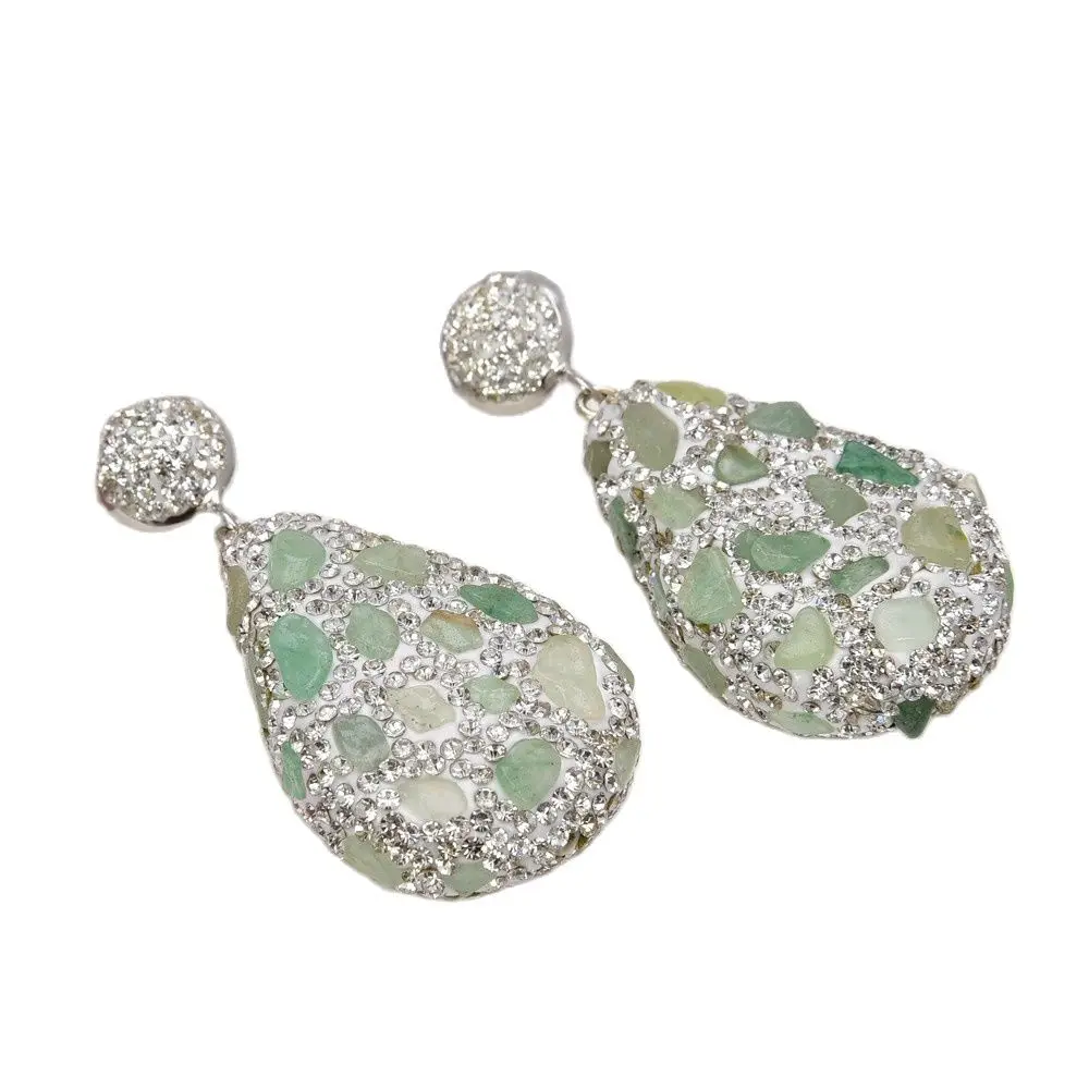 

GG Jewelry Big Size Natural Green Chrysoprase Silver Color Crystal Pave Water drop Dangle Lever Back Earrings Trendy For Women