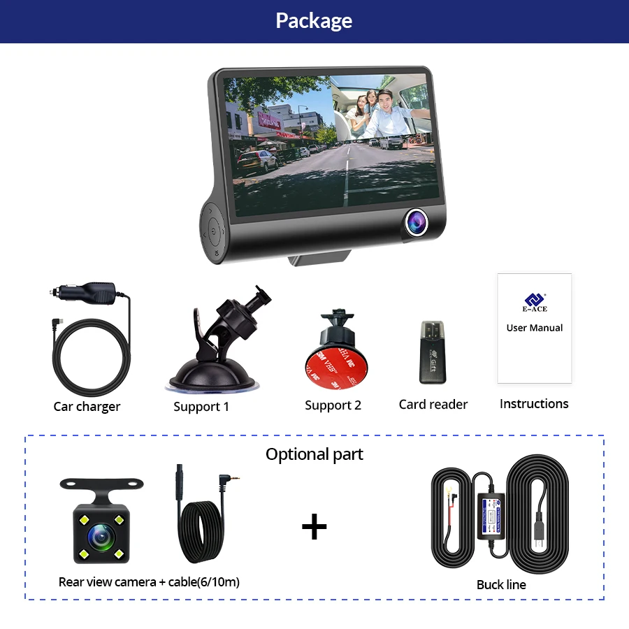 e ace 3 camera lens car dvr 4 0 inch video recorder dash cam auto registrator dual lens support rear view camera dvrs camcorder free global shipping