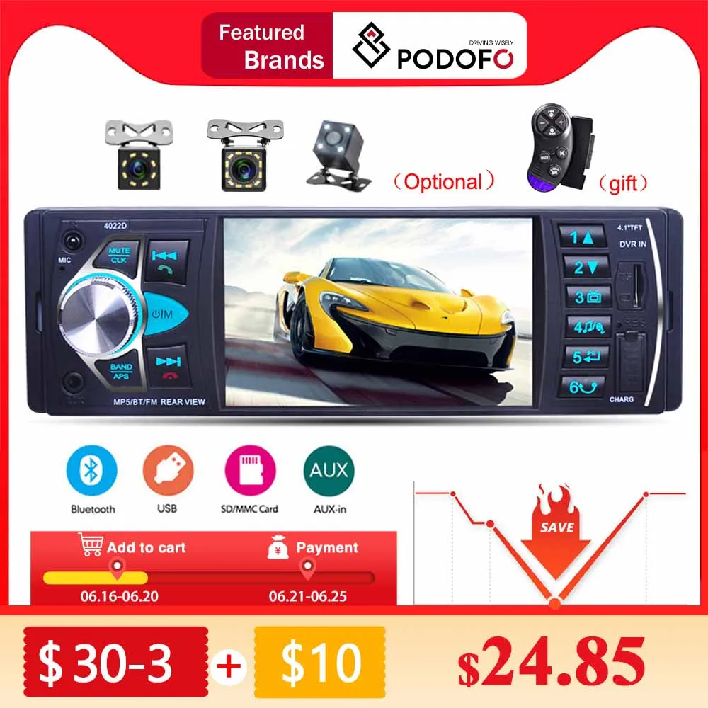 Автомагнитола Podofo 4022D 1 Din 4 дюйма Bluetooth FM приемник USB поддержка камеры заднего вида