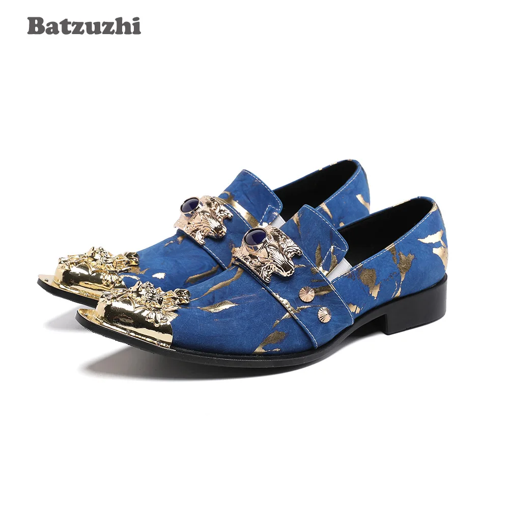 

Batzuzhi Fashion Men's Shoes Personality Blue Leather Dress Shoes Men Vintage Metal Toe Chaussure Homme Luxury Male Oxford Flat