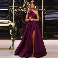 purple pleat satin evening dresses 2022 one shoulder high slit side long evening gowns pleated a line formal party prom dresses