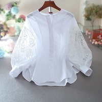 superaen original heavy industry fashion hollow embroidery flower temperament loose big size lantern sleeve shirts womens tops