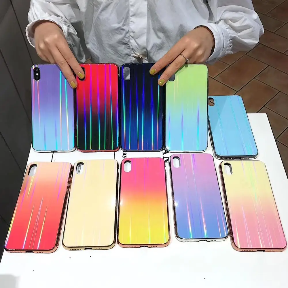 Gradient Rainbow Laser Holographic Shimmer Case for iPhone X XS Max XR Hard Glass Cover 8 7 6S Plus Light reflections Hull |