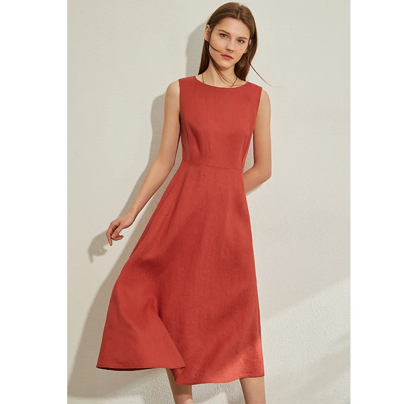 

AMII Minimalism Spring Summer Vintage Solid Sleeveless Women Dress Causal Lady High Waist Oneck Belt Female Dress 12030124