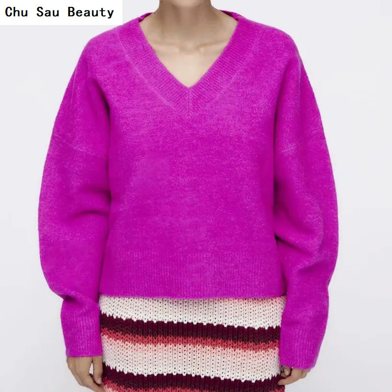 

2021Women's New Za Soft Knitted Purple Sweater Pullover Autumn/Winter Casual Loose Oversized Elegant High-Neck Green Sweater Top