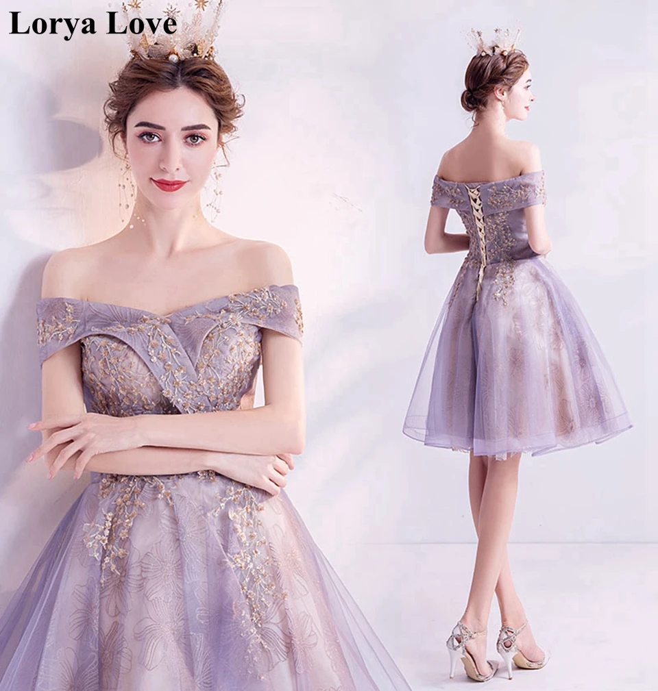 

Elegant Violet Cocktail Dresses 2020 Graduation Appliques Off Shoulder A-Line Knee Length Tulle Short Prom Gown Homecoming Dress