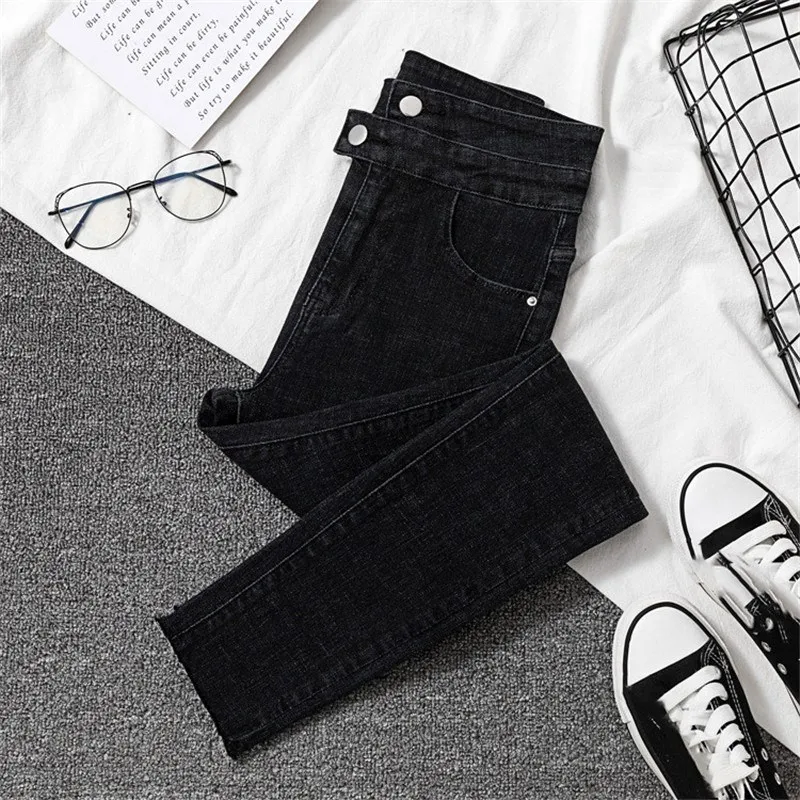 Красивые женские черные джинсы с высокой талией повседневные Стрейчевые узкие