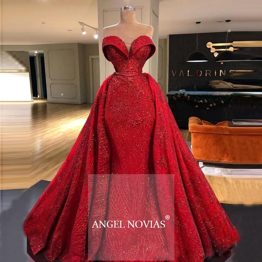 Женское длинное вечернее платье ANGEL NOVIAS красное элегантное в арабском стиле с