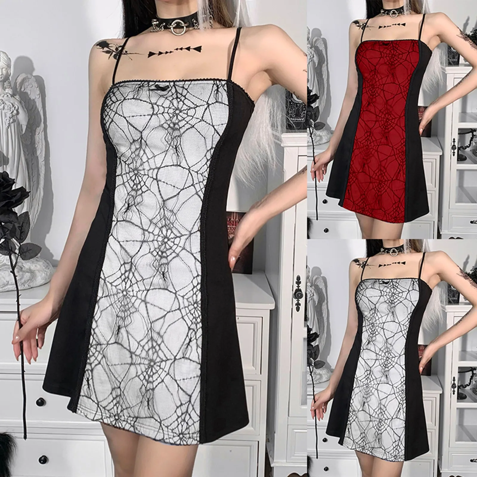 

Women Sling Dress Black Lace Splice Strap Dress Punk Sheath Party Camisole Sling Dress Women Sleeveless Patchwork Party Dress