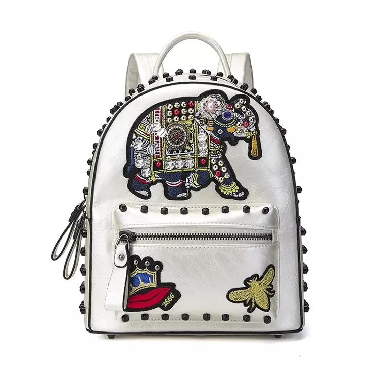 Мини-рюкзак с вышивкой слона и двойным наплечным ремнем со стразами модная