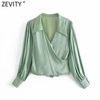 zevity women french style cross v neck hem knotted smock blouse female long sleeve kimono shirts chic brand blusas tops ls9592