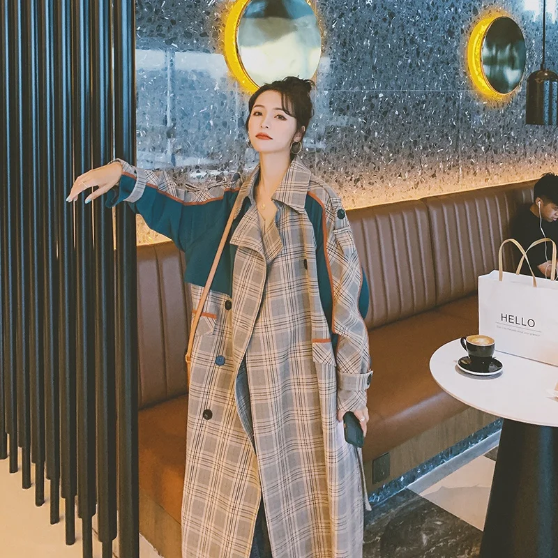 

Brand New Korean Style Oversize Long Trench Coat for Women Patchwork Plaid with Belt Double-Breasted Lady Duster Coat Cloak