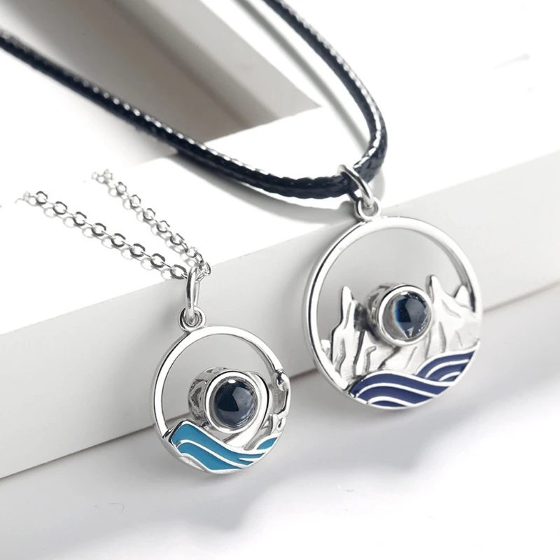 

2Pcs 100 Different Language I Love U Nanotechnology Lover Pendant Necklace Mountain Range Ocean Wave Lovers Jewelry Set