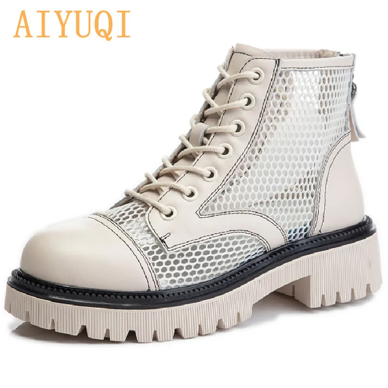 

AIYUQI Women's Summer Boots Genuine Leather 2021 New Breathable Hollow Martin Boots Women Mesh Fashion Women's Cool Boots