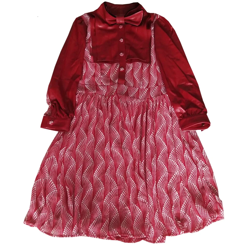 

High Quality Brand Womens Dress Fashion Genuine Leather Splice Floral Dress Female Single Breasted Bowknot Dress Plus Size 3XL