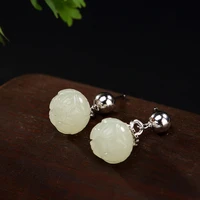 natural 925 sterling silver retro inlaid white hetian jade lotus flower earrings charm jewelry individuality fashion for women