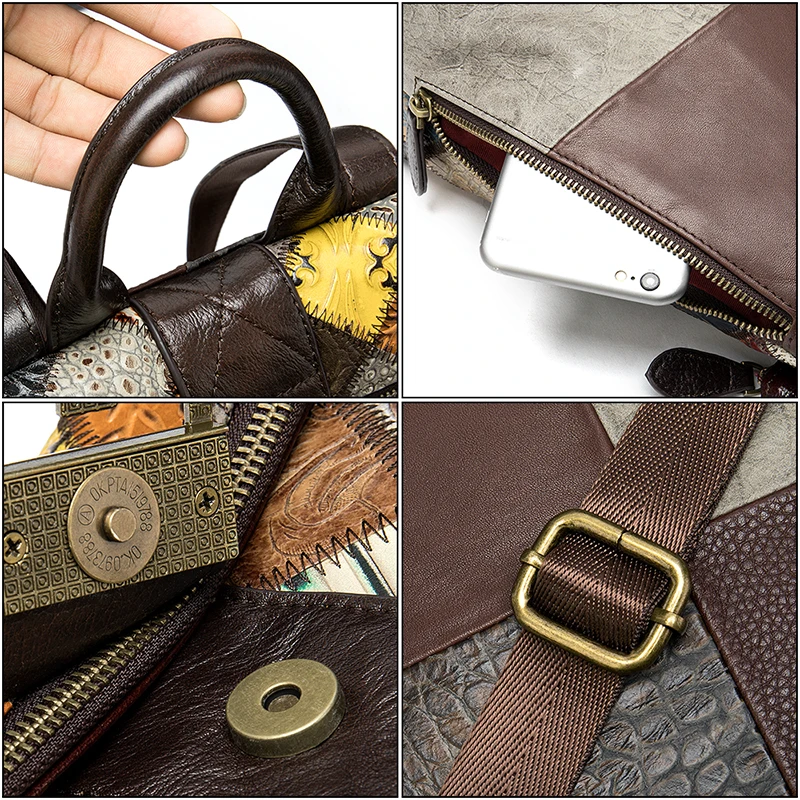 Модный женский рюкзак из натуральной кожи в этническом стиле пэчворк дорожный