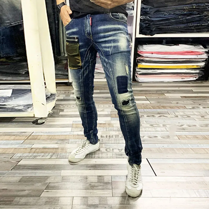 

European American Street Fashion Men Jeans Retro Blue Slim Ripped Jeans Men Camouflage Pocket Designer Hip Hop Denim Punk Pants