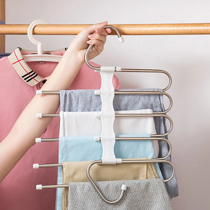

5 in 1 Pant Rack Multifunction Wardrobe Trouser Hanger Coat Storage Organizer Stainless Steel Multi-Laye Pants Jeans Shelves
