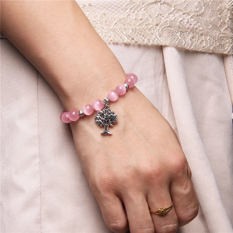 

Buddhism Life Tree Bracelets Women Shiny Green Cat Eye Stone Bracelet Men Silver Color Charm Bangle Vintage Elastic Jewelry
