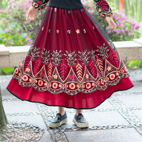 Женская сетчатая юбка с вышивкой Длинная черная до щиколотки высокой талией в