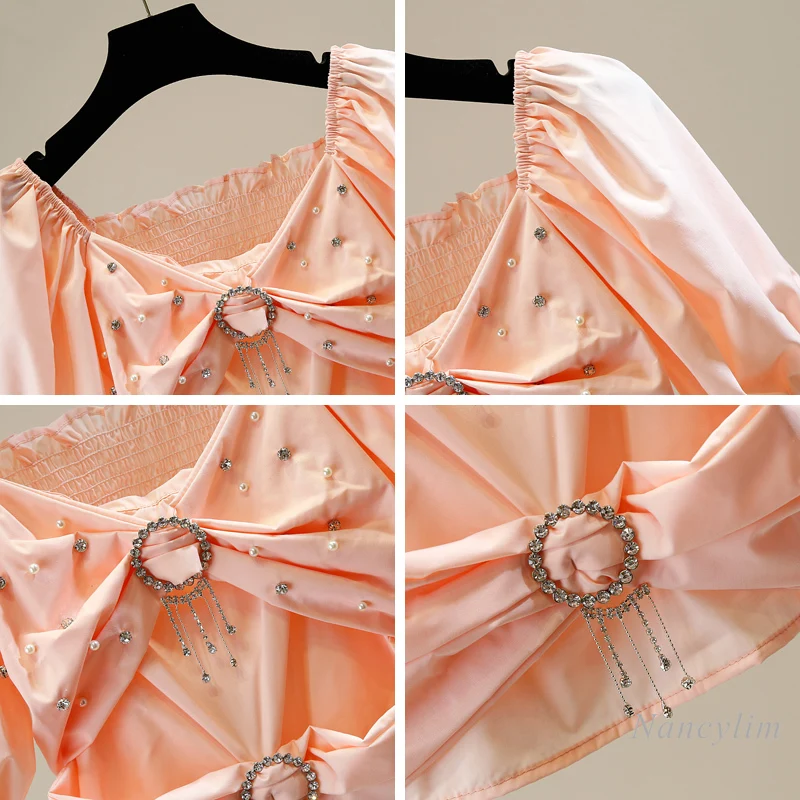 Perles de Diamant Arc Chemise femme Nouveau Manches Courtes Bouffantes Col en V Hors Épaule Slim Nombril Exposé Haut Court Dames Blouses