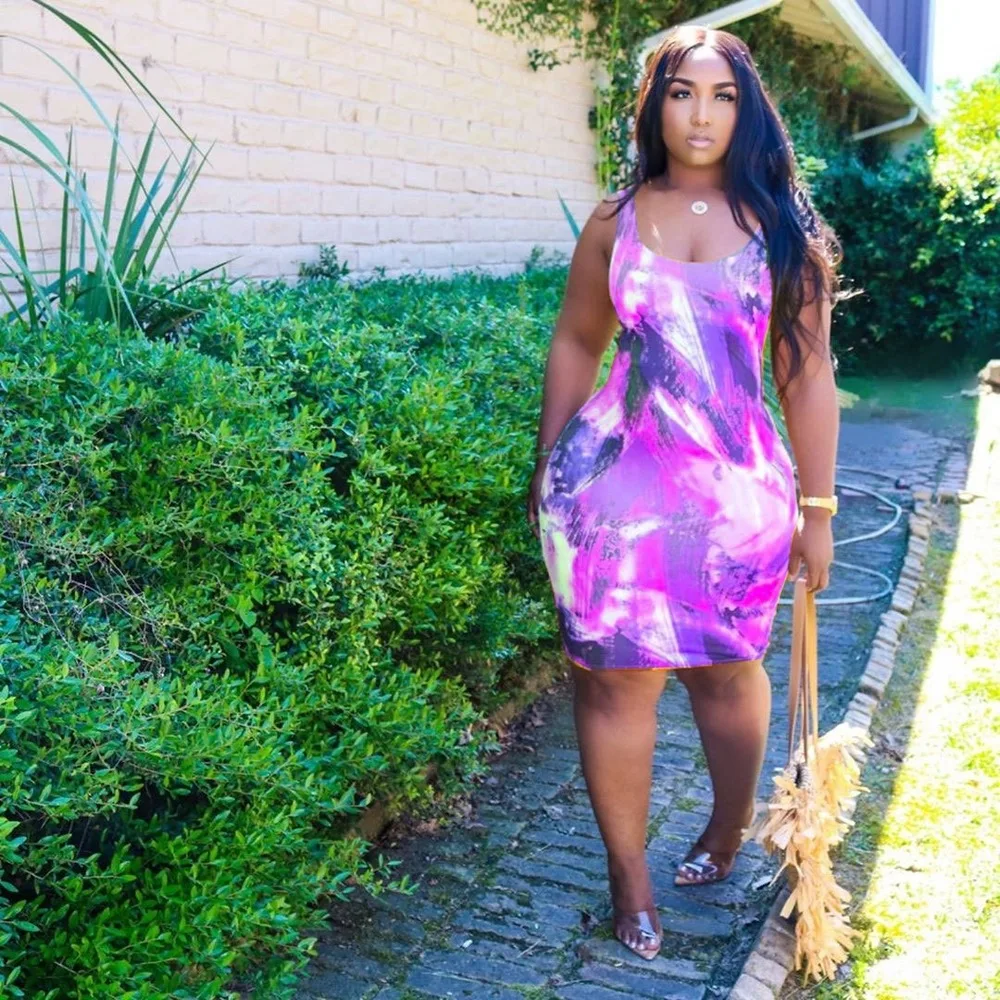 

Sexy Sleeveless Summer Dress Women Fashion Tie-Dye Print Beach Dress Fashion Knee New Sundress Party Club Outfit Clothings 2020