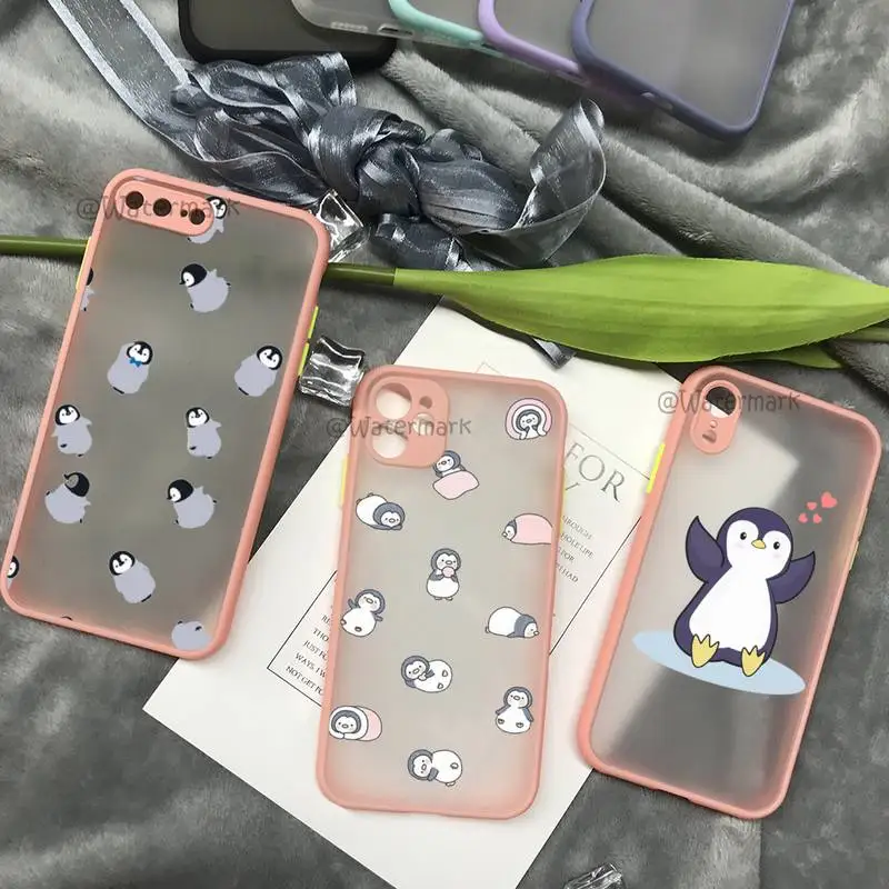 

Penguin Cute Lovely Animal Phone Case For IPhone 12 11 Pro Xs Max X Xr 8 7 Plus Pink Matte Translucent Cover
