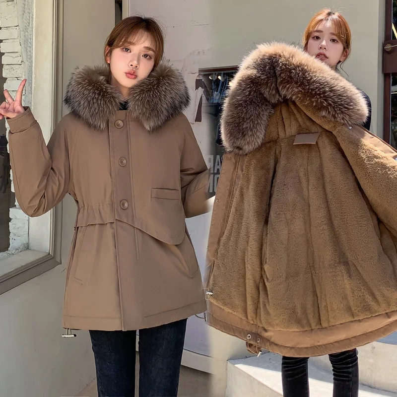 2021 Women Fur Collar Thicken Warm Parka Ladies Winter Solid Hooded Cotton Padded Coats Fashion Buttons Casual Female Jackets