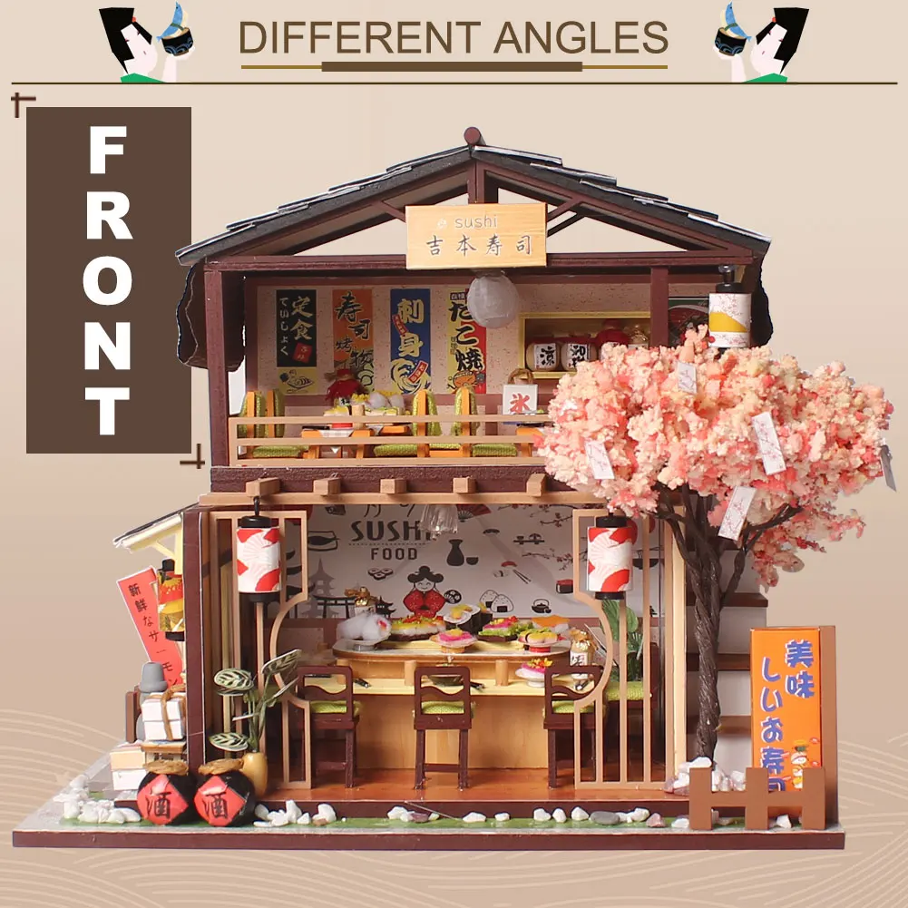 DIY Wooden Dollhouse Japanese Sushi Bar Architecture House Model Villa Handmade Assembling SushiBar Ancient Relief Creative Gift | Игрушки и